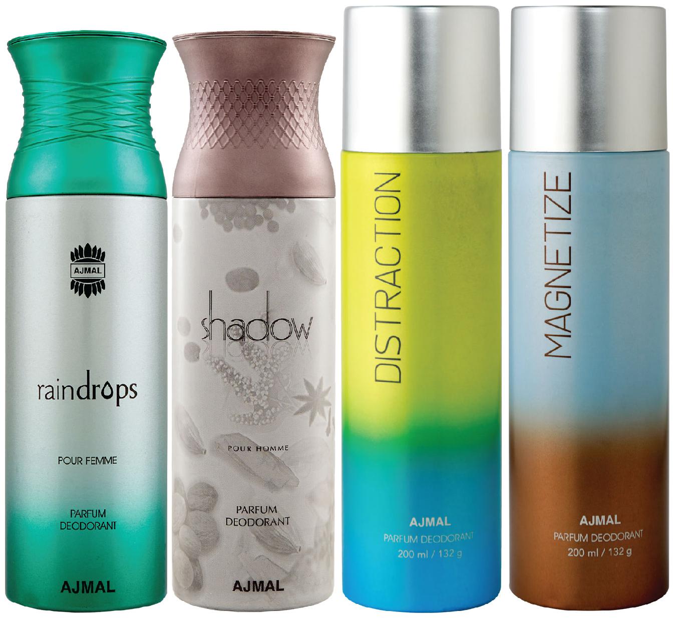 Ajmal 1 Raindrops Femme for Women 1 Shadow Homme for Men 1 Distraction and 1 Magnetize for Men Women High Quality Deodorants each 200ml Combo Pack of 4
Ajmal 1 Raindrops Femme for Women 1 Shadow Homme for Men 1 Distraction and 1 Magnetize for Men Women High Quality Deodorants each 200ml Combo Pack of 4