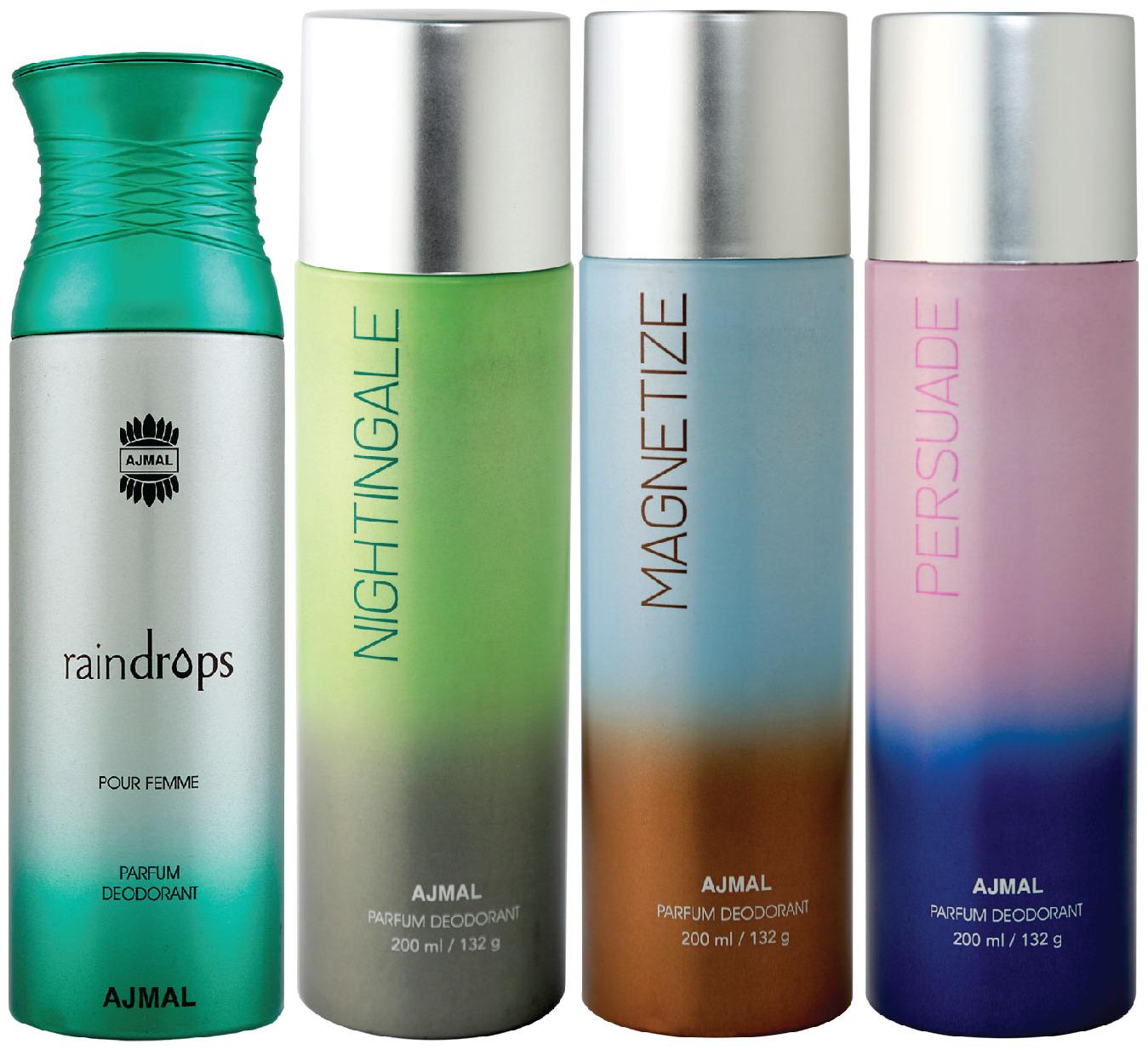 Ajmal 1 Raindrops Femme for Women 1 Nightingale 1 Magnetize and 1 Persuade for Men Women High Quality Deodorants each 200ml Combo ( Pack of 4 )
Ajmal 1 Raindrops Femme for Women 1 Nightingale 1 Magnetize and 1 Persuade for Men Women High Quality Deodorants each 200ml Combo ( Pack of 4 )