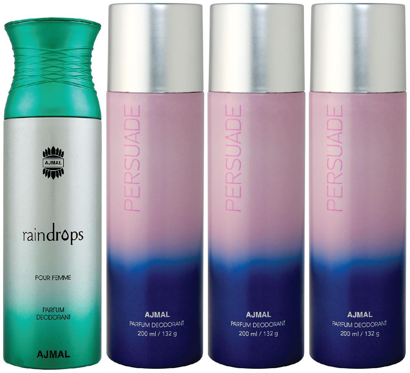 Ajmal 1 Raindrops Femme for Women and 3 Persuade for Men Women High Quality Deodorants each 200ml Combo ( Pack of 4 )
Ajmal 1 Raindrops Femme for Women and 3 Persuade for Men Women High Quality Deodorants each 200ml Combo ( Pack of 4 )