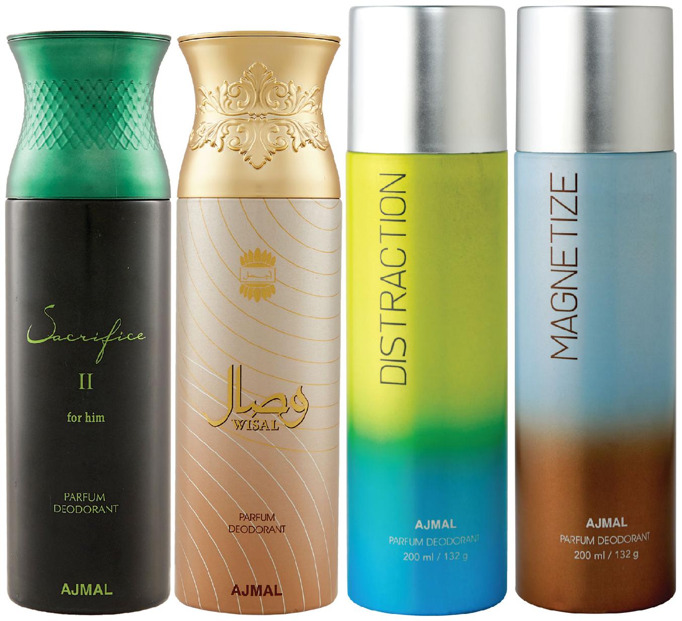 Ajmal 1 Sacrifice II for Him for Men 1 Wisal for Women 1 Distraction and 1 Magnetize for Men Women High Quality Deodorants each 200ml Combo Pack of 4
Ajmal 1 Sacrifice II for Him for Men 1 Wisal for Women 1 Distraction and 1 Magnetize for Men Women High Quality Deodorants each 200ml Combo Pack of 4