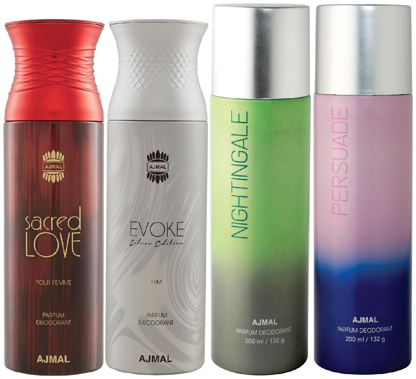 Ajmal 1 Sacred Love for Women 1 Evoke Silver Edition for Him for Men 1 Nightingale and 1 Persuade for Men Women High Quality Deodorants each 200ml Combo Pack of 4
Ajmal 1 Sacred Love for Women 1 Evoke Silver Edition for Him for Men 1 Nightingale and 1 Persuade for Men Women High Quality Deodorants each 200ml Combo Pack of 4