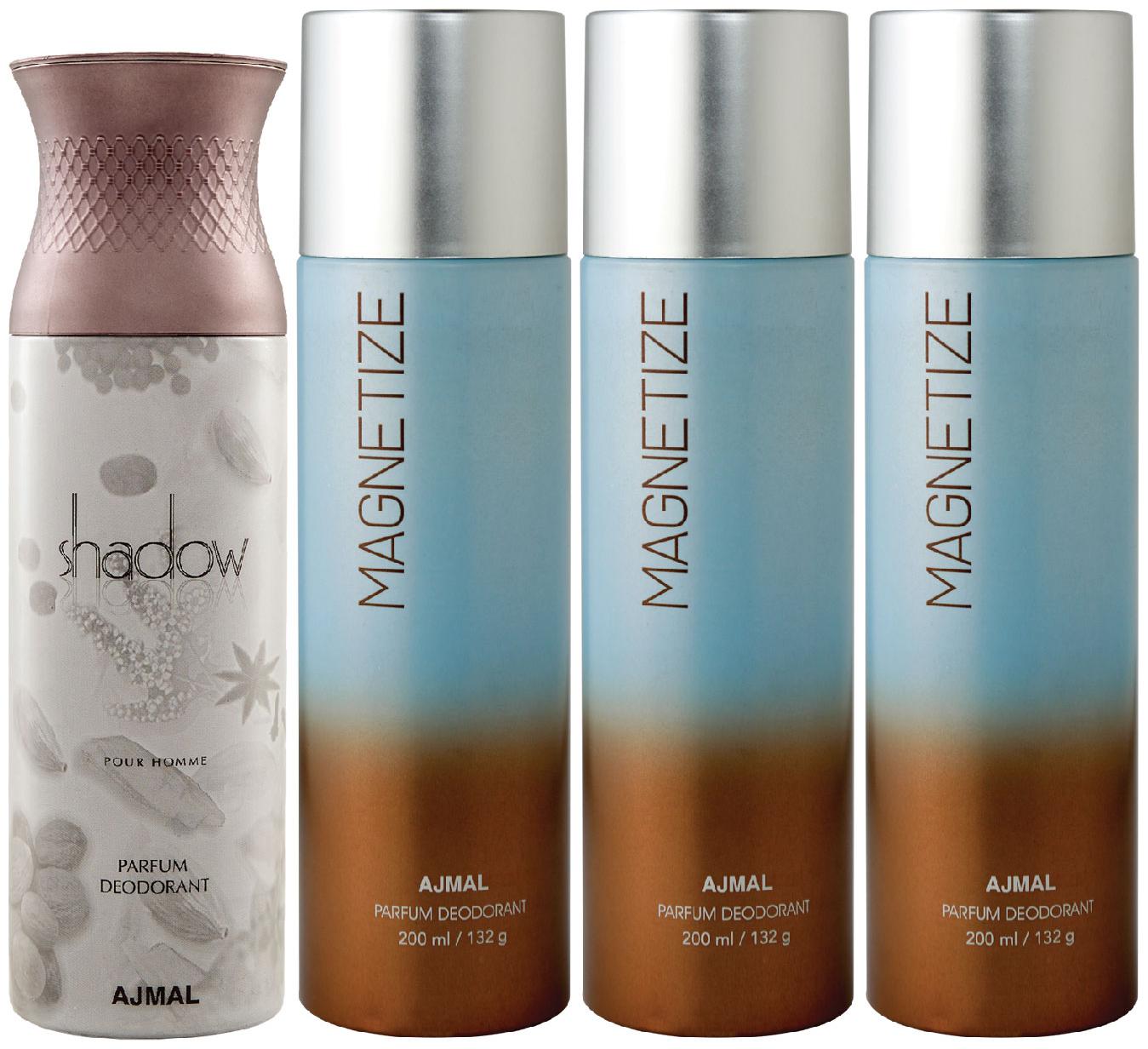 Ajmal 1 Shadow Him for Men and 3 Magnetize for Men Women High Quality Deodorants each 200ml Combo ( Pack of 4 )
Ajmal 1 Shadow Him for Men and 3 Magnetize for Men Women High Quality Deodorants each 200ml Combo ( Pack of 4 )