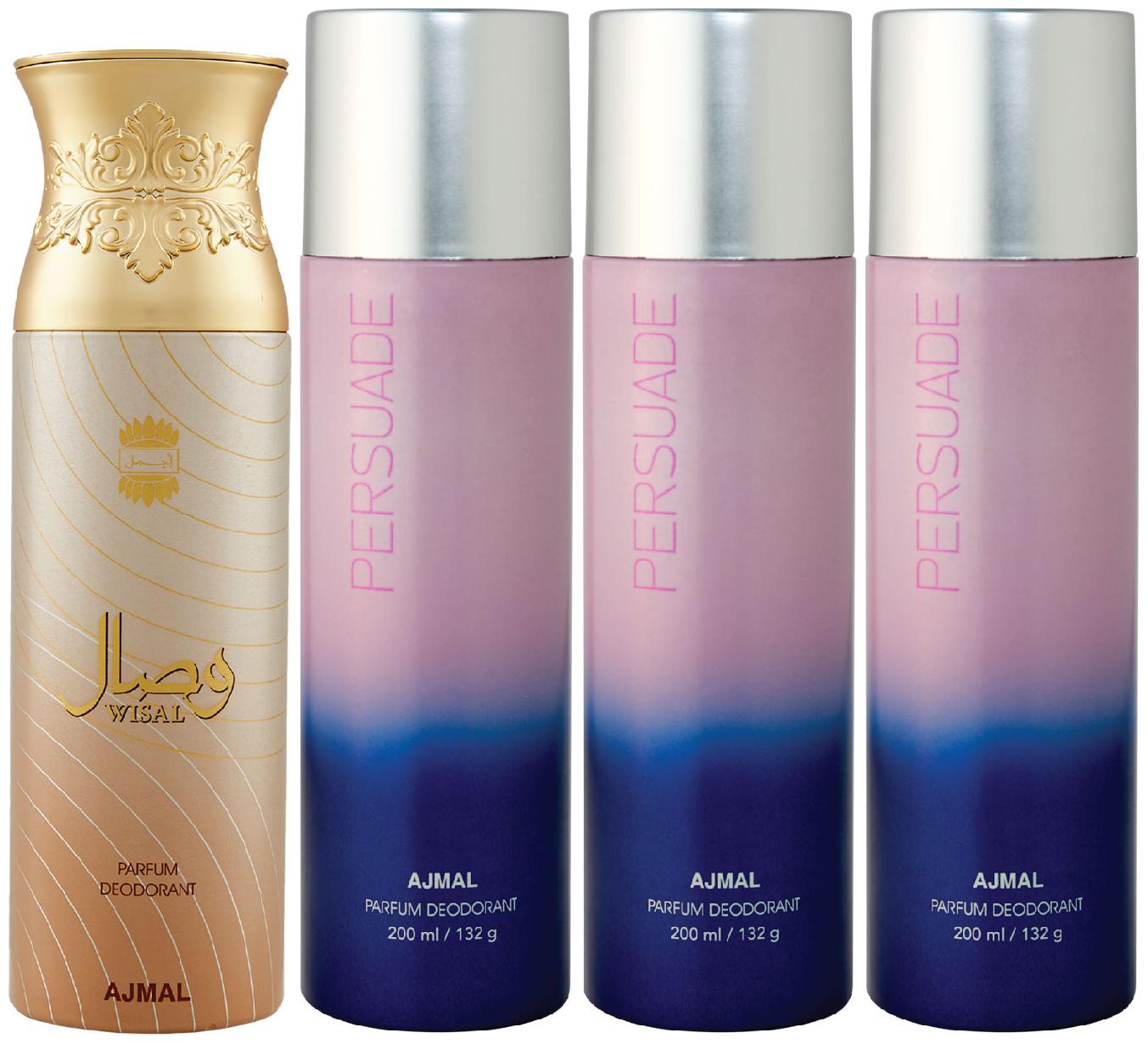 Ajmal 1 Wisal for Women and 3 Persuade for Men Women High Quality Deodorants each 200ml Combo ( Pack of 4 )
Ajmal 1 Wisal for Women and 3 Persuade for Men Women High Quality Deodorants each 200ml Combo ( Pack of 4 )