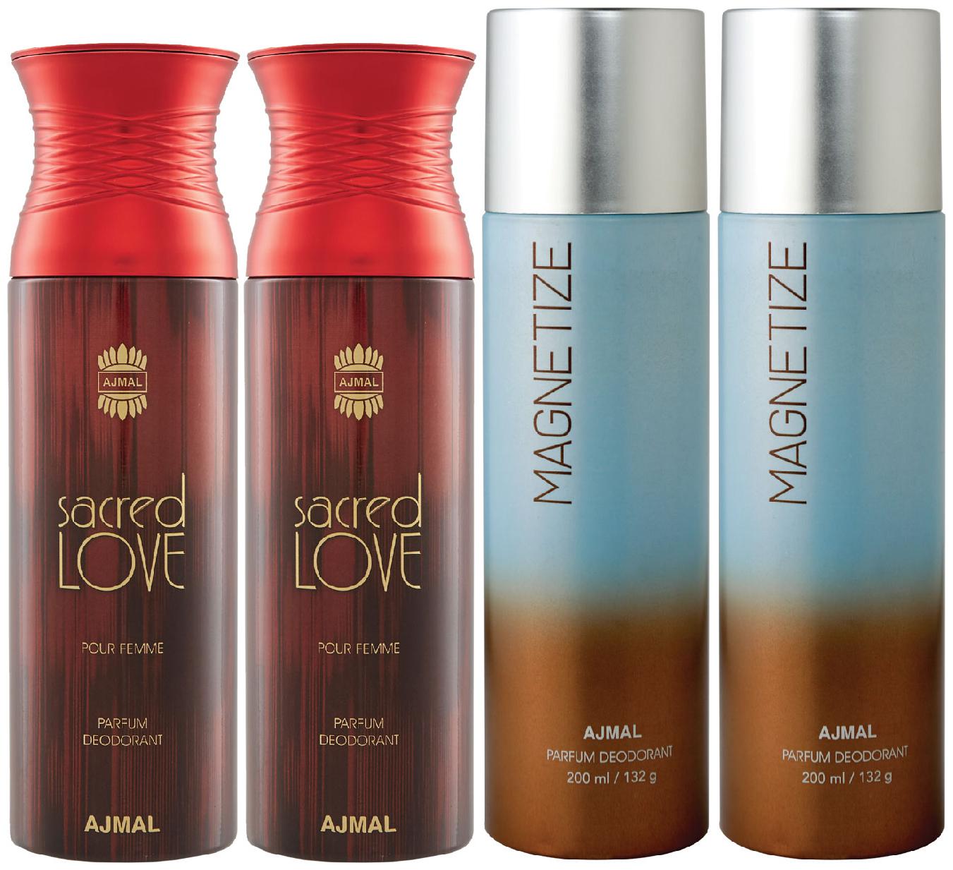 Ajmal 2 Sacred Love for Women and 2 Magnetize for Men Women High Quality Deodorants each 200ml Combo ( Pack of 4 )
Ajmal 2 Sacred Love for Women and 2 Magnetize for Men Women High Quality Deodorants each 200ml Combo ( Pack of 4 )