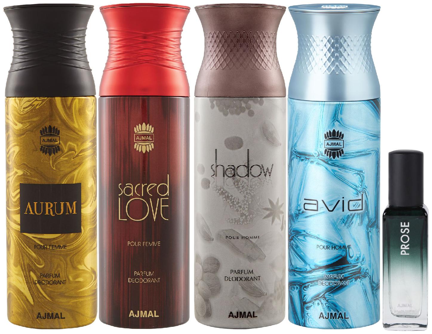 Ajmal Aurum Sacred Love Shadow Homme Avid Deo each 200 ml Prose EDP 20 ml Pack of 5 for Men Women
Ajmal Aurum Sacred Love Shadow Homme Avid Deo each 200 ml Prose EDP 20 ml Pack of 5 for Men Women