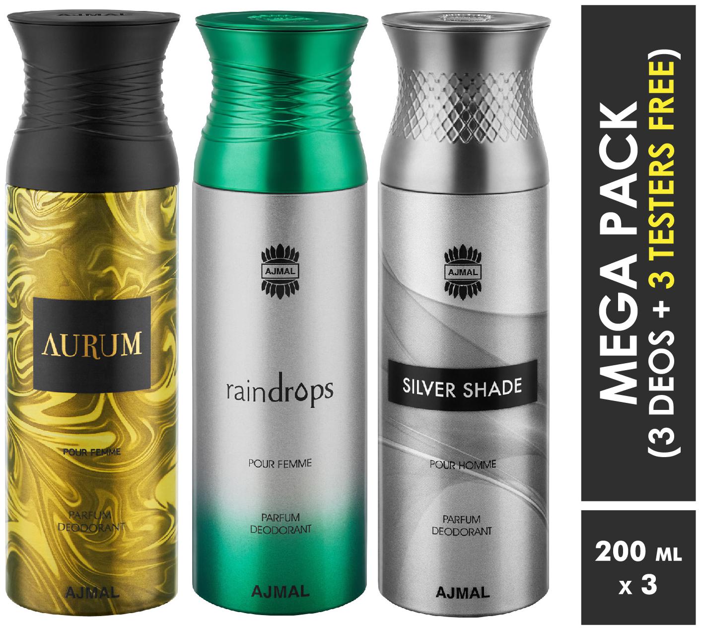 Ajmal Aurum Raindrops SilverShade Deodorant Spray For Men Women 200ml each (Pack of 3 600ml) 3 Parfum Testers Free
Ajmal Aurum Raindrops SilverShade Deodorant Spray For Men Women 200ml each (Pack of 3 600ml) 3 Parfum Testers Free