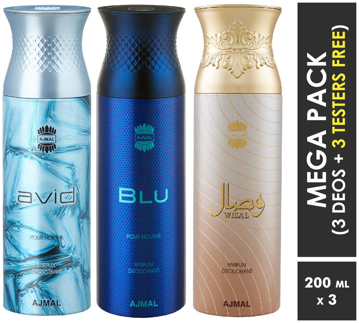 Ajmal Avid Blu Wisal Deodorant Spray For Men Women 200ml each (Pack of 3 600ml) 3 Parfum Testers Free
Ajmal Avid Blu Wisal Deodorant Spray For Men Women 200ml each (Pack of 3 600ml) 3 Parfum Testers Free