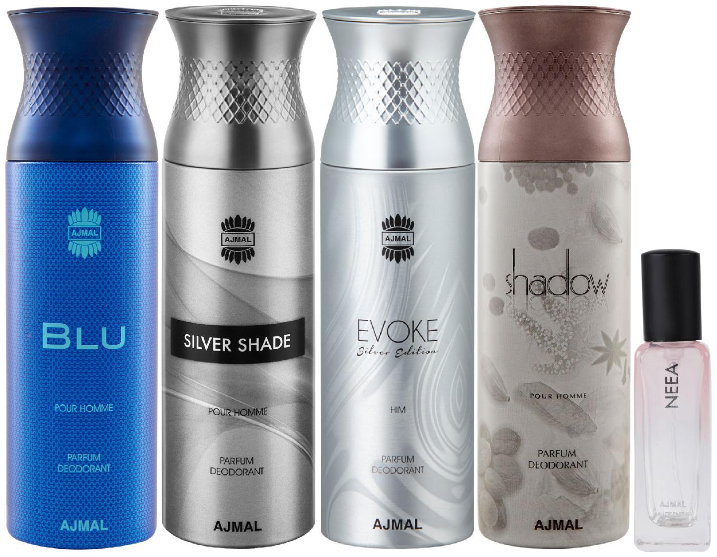 Ajmal Blu Silver Shade EvokeSilver Edition Homme Shadow Homme Deo each 200 ml Neea EDP 20 ml Pack of 5 for Men Women
Ajmal Blu Silver Shade EvokeSilver Edition Homme Shadow Homme Deo each 200 ml Neea EDP 20 ml Pack of 5 for Men Women