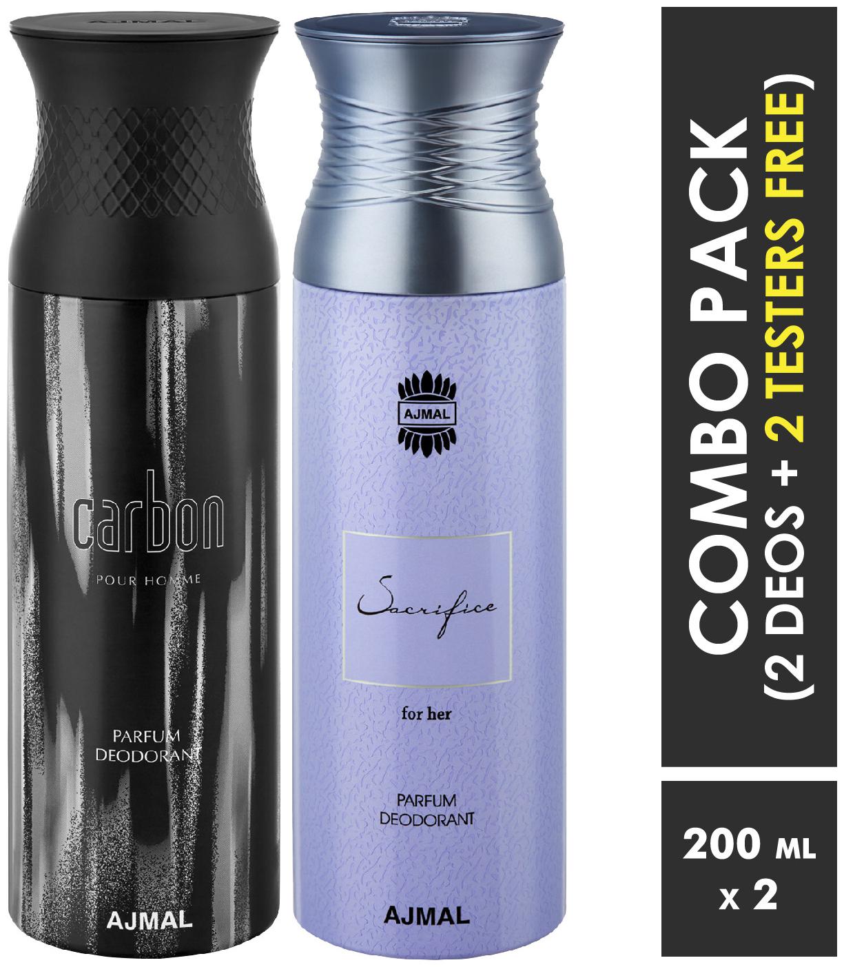 Ajmal Carbon SacrificeHer Deodorant Spray for Men Women 200ml each (Pack of 2 400ml) 2 Parfum Testers Free
Ajmal Carbon SacrificeHer Deodorant Spray for Men Women 200ml each (Pack of 2 400ml) 2 Parfum Testers Free