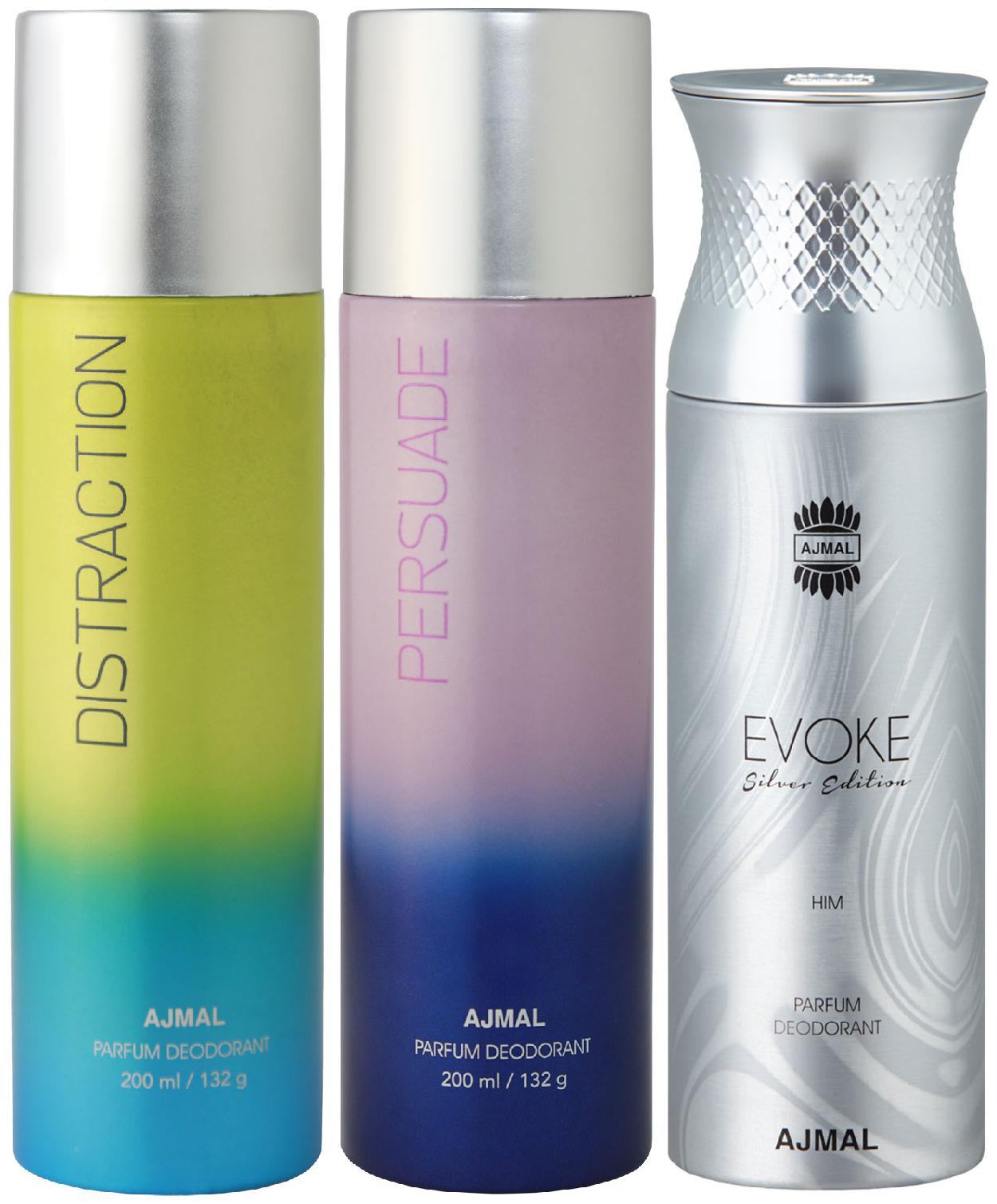 Ajmal Distraction and Persuade for Men Women and Evoke Silver Edition for Him for Men High Quality Deodorants 200 ml Each ( Pack of 3 )
Ajmal Distraction and Persuade for Men Women and Evoke Silver Edition for Him for Men High Quality Deodorants 200 ml Each ( Pack of 3 )