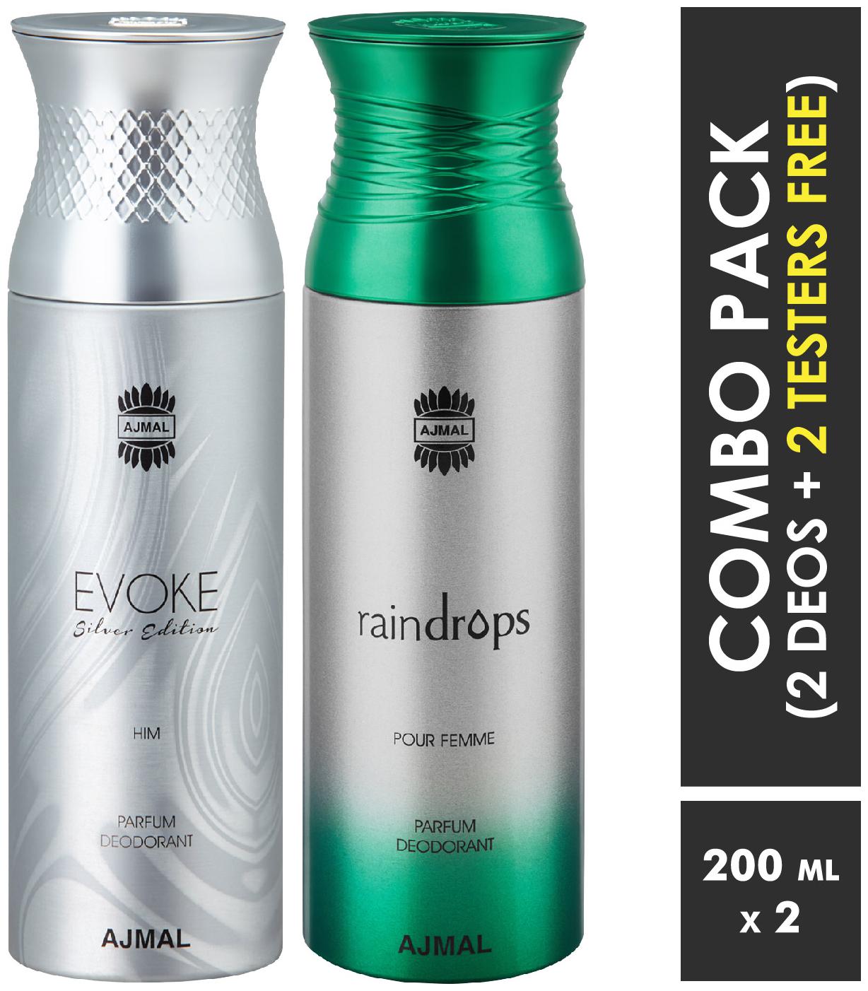 Ajmal EvokeSilverHim Raindrops Deodorant Spray for Men Women 200ml each (Pack of 2 400ml) 2 Parfum Testers Free
Ajmal EvokeSilverHim Raindrops Deodorant Spray for Men Women 200ml each (Pack of 2 400ml) 2 Parfum Testers Free