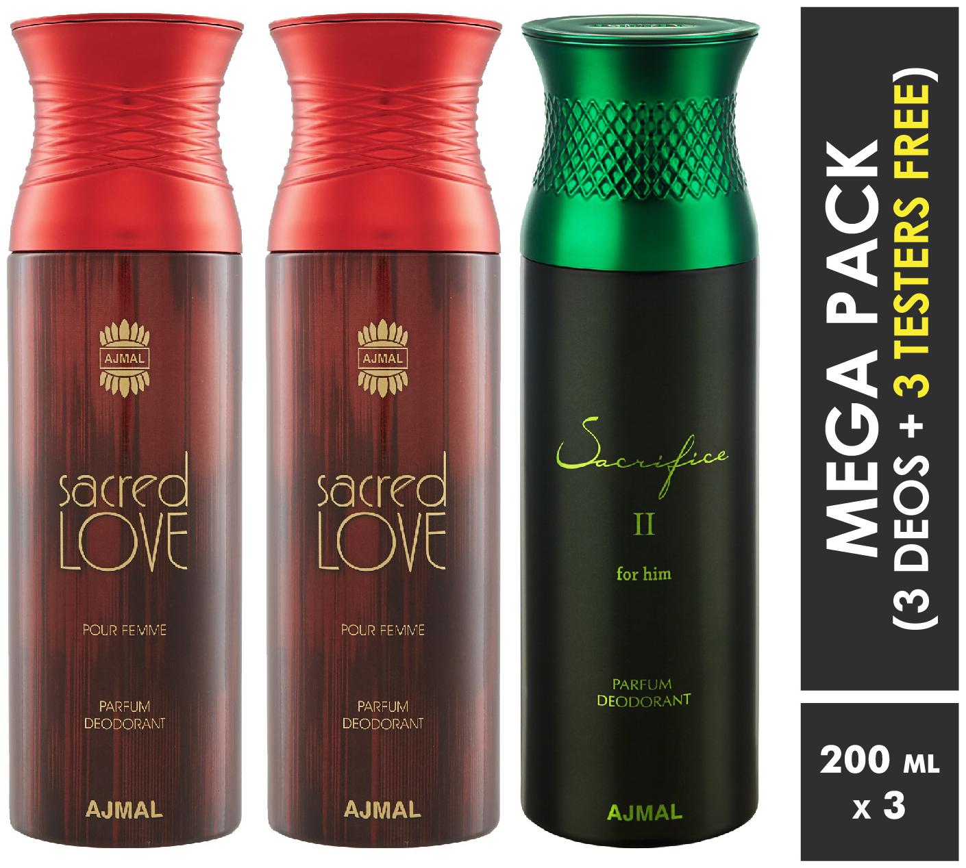 Ajmal Sacred Love Sacred Love Sacrifice II Deodorant Spray For Men Women 200ml each (Pack of 3 600ml) 3 Parfum Testers Free
Ajmal Sacred Love Sacred Love Sacrifice II Deodorant Spray For Men Women 200ml each (Pack of 3 600ml) 3 Parfum Testers Free