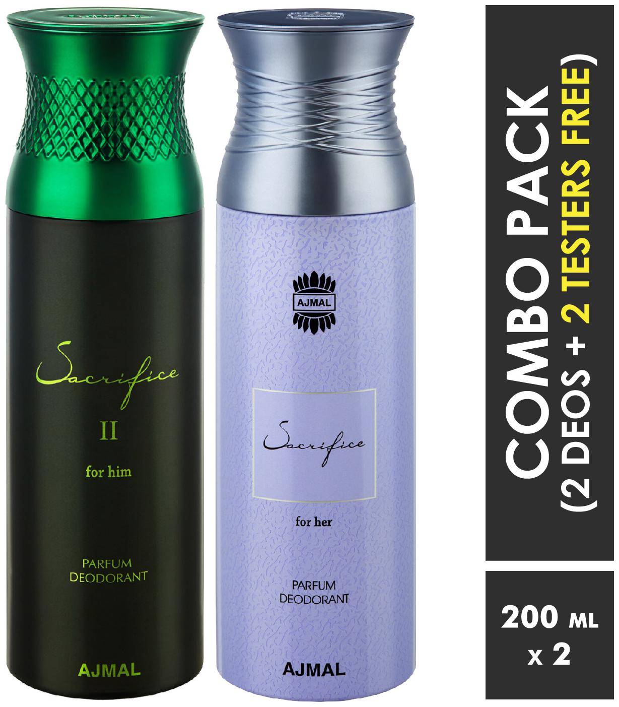 Ajmal Sacrifice II Him SacrificeHer Deodorant Spray for Men Women 200ml each (Pack of 2 400ml) 2 Parfum Testers Free
Ajmal Sacrifice II Him SacrificeHer Deodorant Spray for Men Women 200ml each (Pack of 2 400ml) 2 Parfum Testers Free