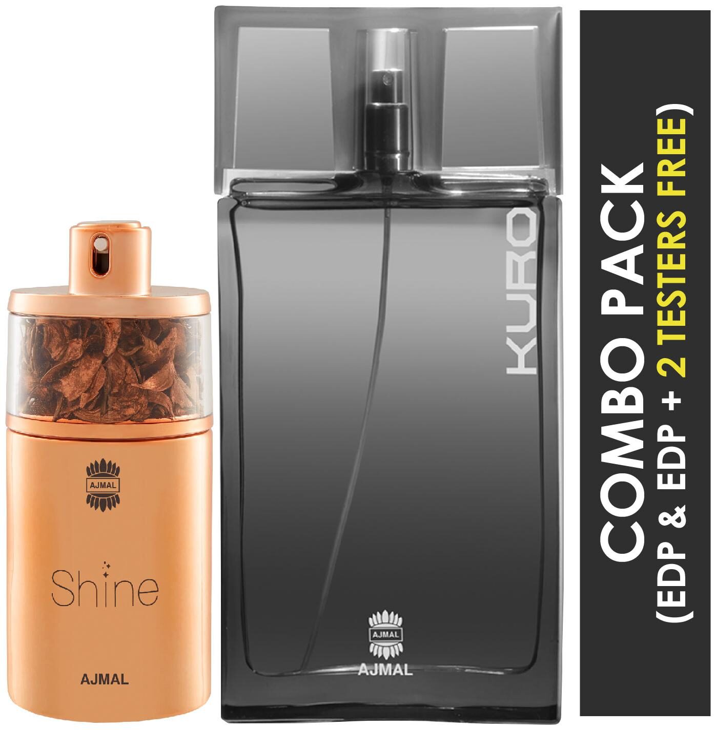 Ajmal Shine EDP Floral Powdery Perfume 75ml for Women and Kuro EDP Aromatic Spicy Perfume 90ml for Men
Ajmal Shine EDP Floral Powdery Perfume 75ml for Women and Kuro EDP Aromatic Spicy Perfume 90ml for Men
