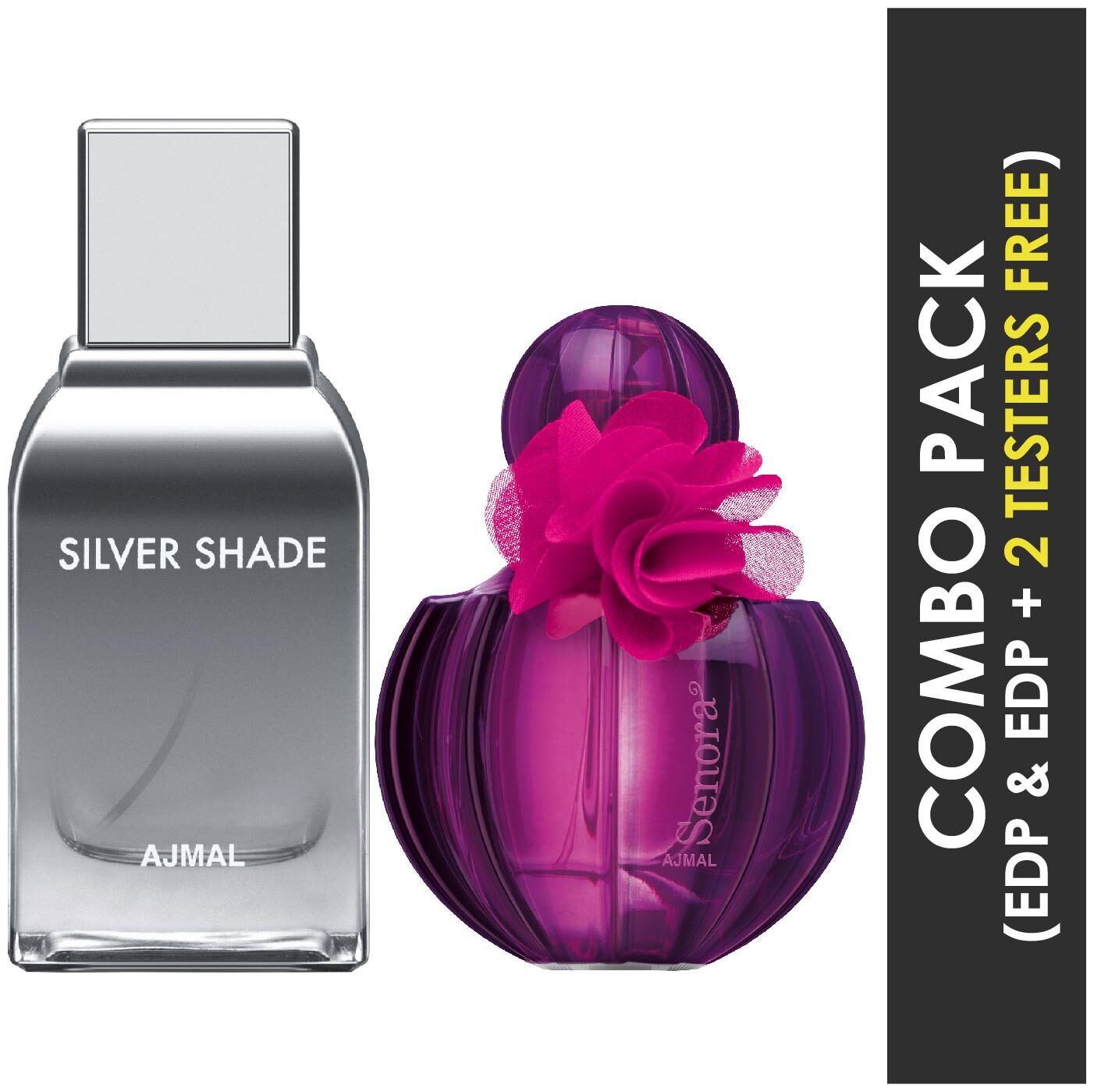 Ajmal Silver Shade EDP Citrus Woody Perfume 100ml for Men and Senora EDP Floral Spicy Perfume 75ml for Women
Ajmal Silver Shade EDP Citrus Woody Perfume 100ml for Men and Senora EDP Floral Spicy Perfume 75ml for Women