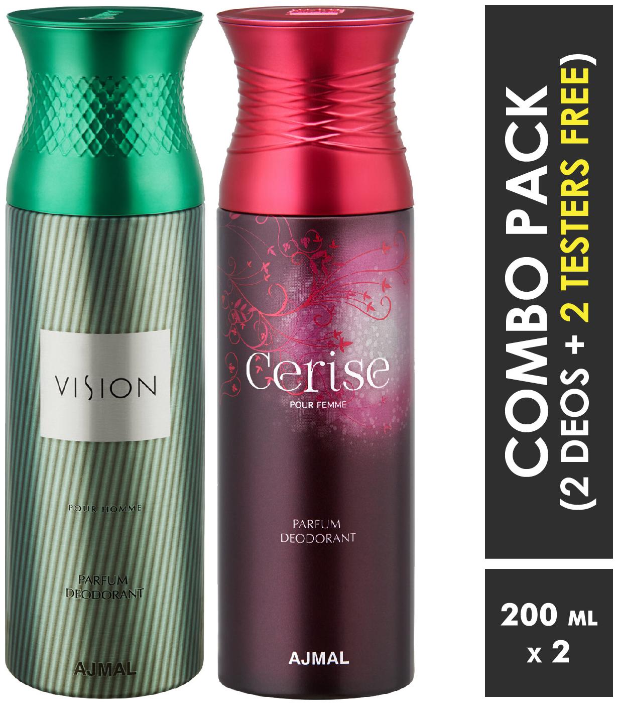 Ajmal Vision Cerise Deodorant Spray for Men Women 200ml each (Pack of 2 400ml) 2 Parfum Testers Free
Ajmal Vision Cerise Deodorant Spray for Men Women 200ml each (Pack of 2 400ml) 2 Parfum Testers Free