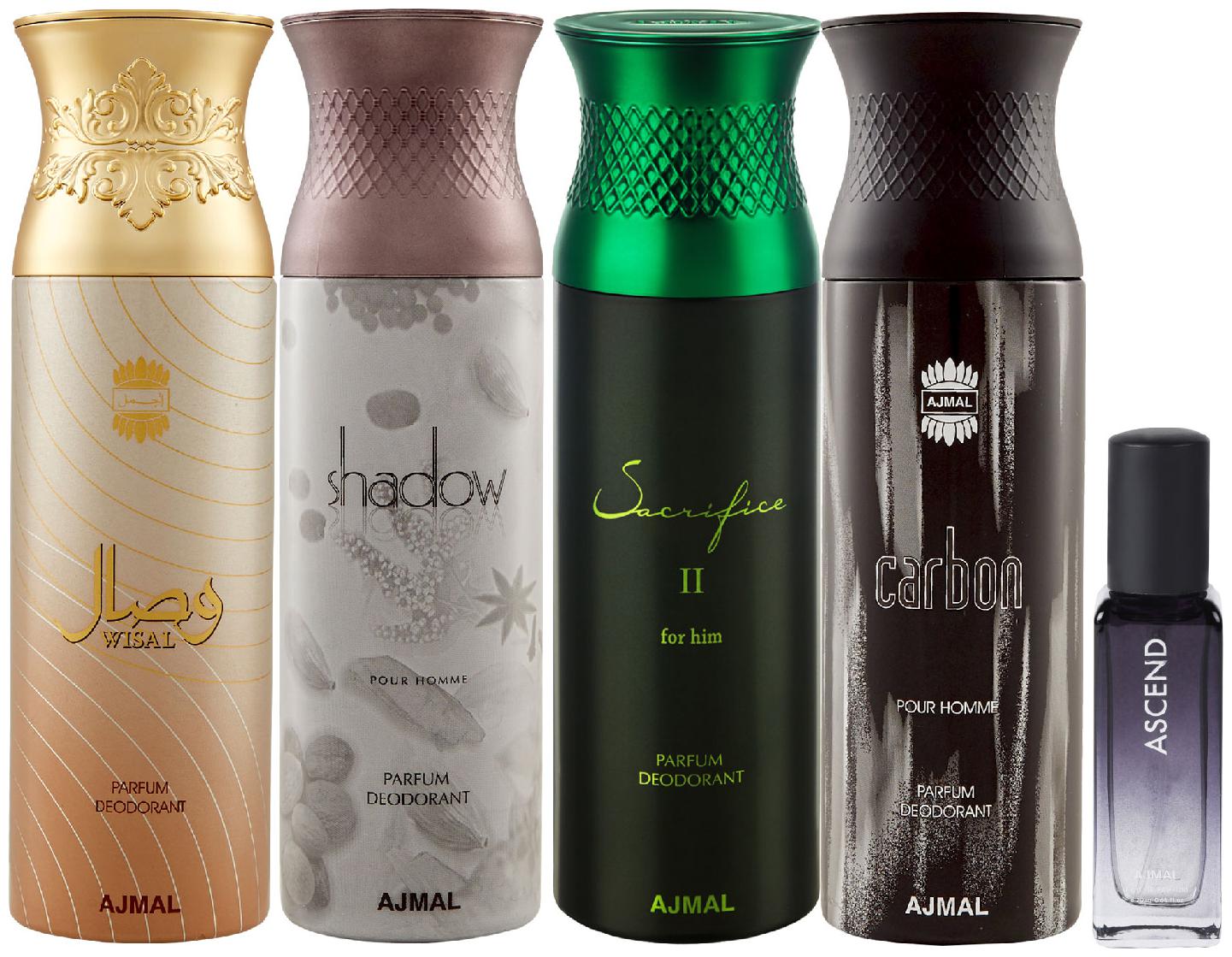 Ajmal Wisal Shadow Homme SacrificeIIHim Carbon Deo each 200 ml Ascend EDP 20 ml Pack of 5 for Men Women
Ajmal Wisal Shadow Homme SacrificeIIHim Carbon Deo each 200 ml Ascend EDP 20 ml Pack of 5 for Men Women
