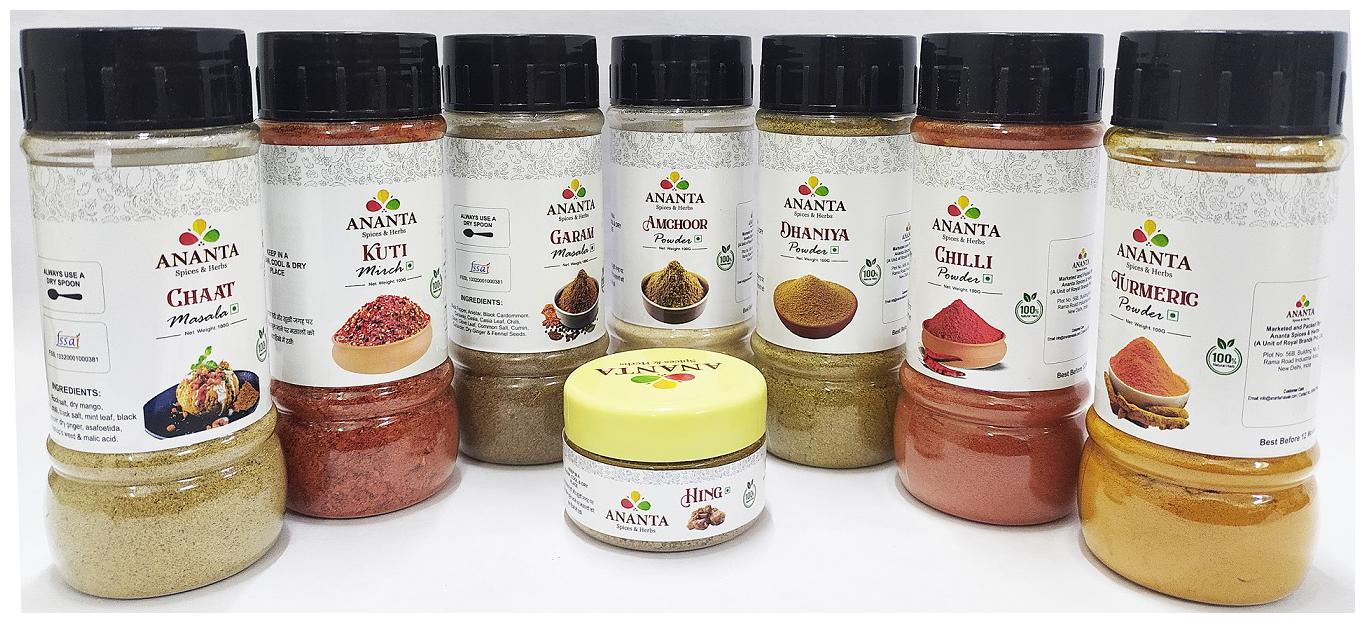 Ananta Spices Herbs Combo of Haldi Dhaniya Lal Mirch Kuti Mirch Amchoor Garam Masala Chaat Masala 100g Each Hing 20g each (Pack Of 8)
Ananta Spices Herbs Combo of Haldi Dhaniya Lal Mirch Kuti Mirch Amchoor Garam Masala Chaat Masala 100g Each Hing 20g each (Pack Of 8)