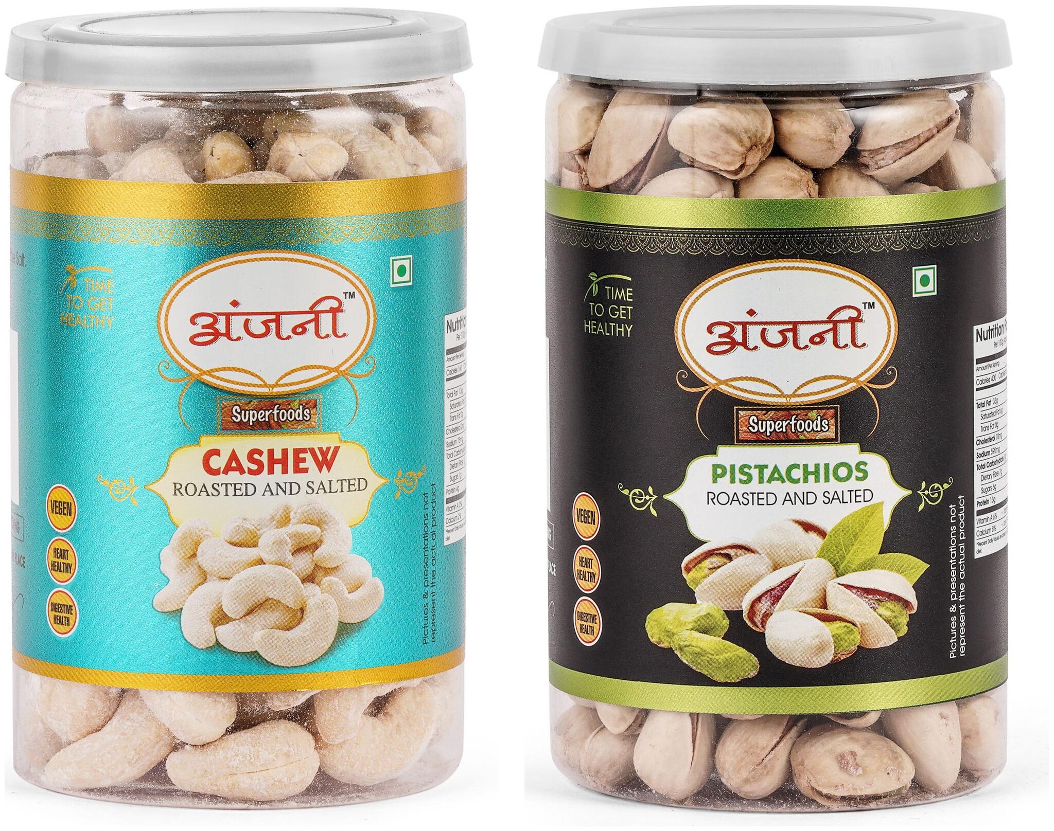 ANJANI SUPERFOODS Roasted Salted Cashew And Roasted Salted Pistachio In Jar 400g (Pack Of 2) (200g Each)
ANJANI SUPERFOODS Roasted Salted Cashew And Roasted Salted Pistachio In Jar 400g (Pack Of 2) (200g Each)