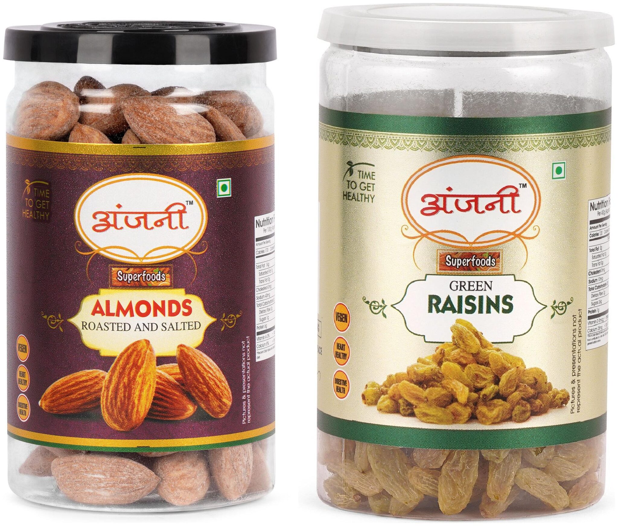 ANJANI SUPERFOODS Roasted Salted Almonds 100g And Plain Green Raisin 200g In Jar (Pack Of 2)
ANJANI SUPERFOODS Roasted Salted Almonds 100g And Plain Green Raisin 200g In Jar (Pack Of 2)