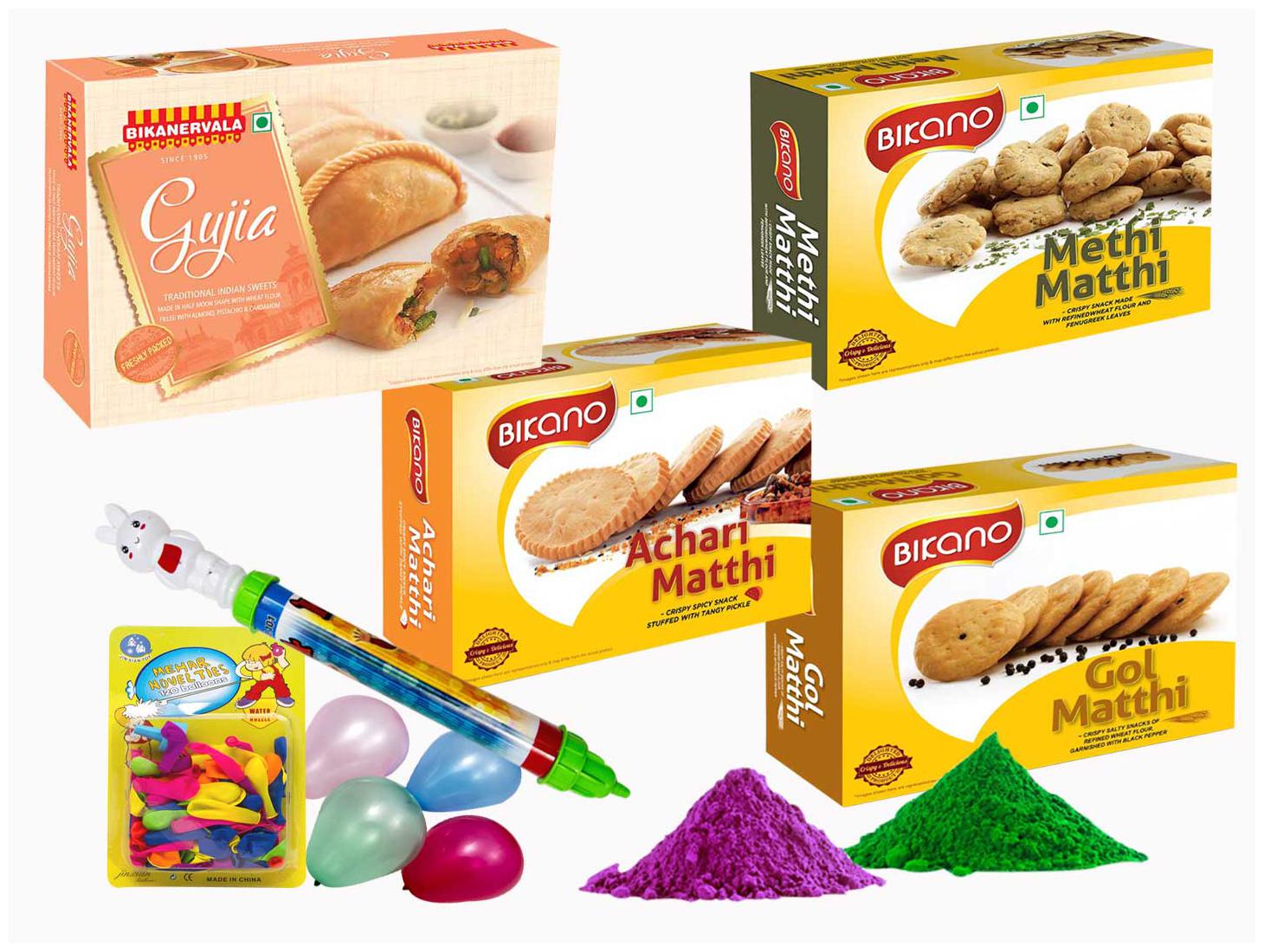 Bikanervala Ghujia Bikano Mathi Magic (Gol mathi 400g Methi Mathi 400g and Achari Mathi 500g Bikanervala Holi Gujia 500 g Pichkari 1pc Balloons - 1 pkt Gulal 50g x 2)
Bikanervala Ghujia Bikano Mathi Magic (Gol mathi 400g Methi Mathi 400g and Achari Mathi 500g Bikanervala Holi Gujia 500 g Pichkari 1pc Balloons - 1 pkt Gulal 50g x 2)