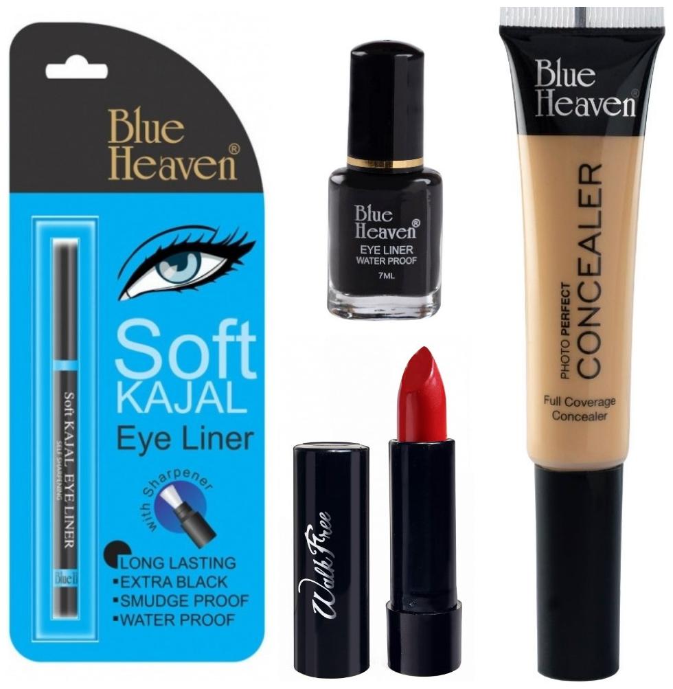Blue Heaven Liquid Concealer 16ml Black Soft Kajal 0 31g Black Eyeliner 7ml Walkfree Red Lipstick 3g
Blue Heaven Liquid Concealer 16ml Black Soft Kajal 0 31g Black Eyeliner 7ml Walkfree Red Lipstick 3g