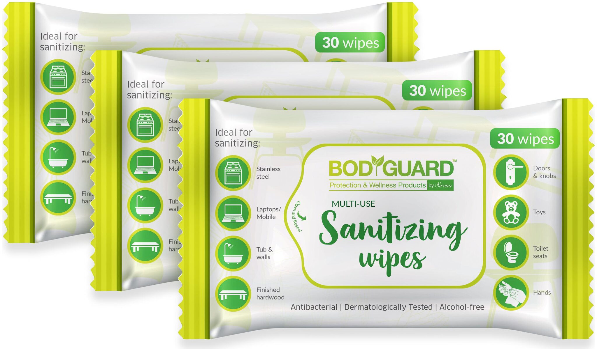 BodGuard Anti Bacterial Disinfectant Sanitizing Wipes Alcohol Free - 30 Wipes (Pack of 3)
BodGuard Anti Bacterial Disinfectant Sanitizing Wipes Alcohol Free - 30 Wipes (Pack of 3)