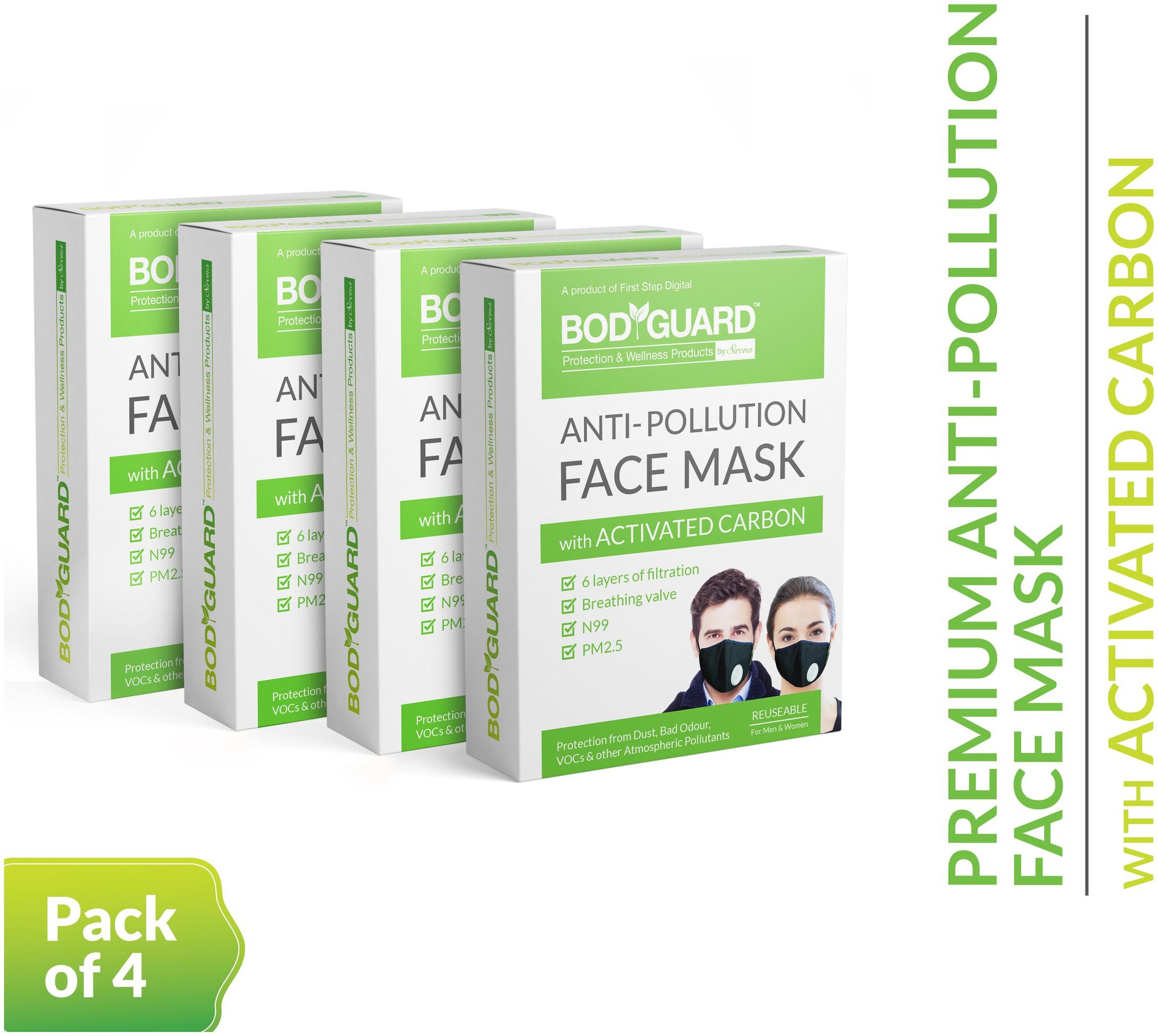 Bodyguard Reusable Anti Pollution Mask With Activated Carbon N99 Pm2 5 For Men And Women (Pack of 4)
Bodyguard Reusable Anti Pollution Mask With Activated Carbon N99 Pm2 5 For Men And Women (Pack of 4)
