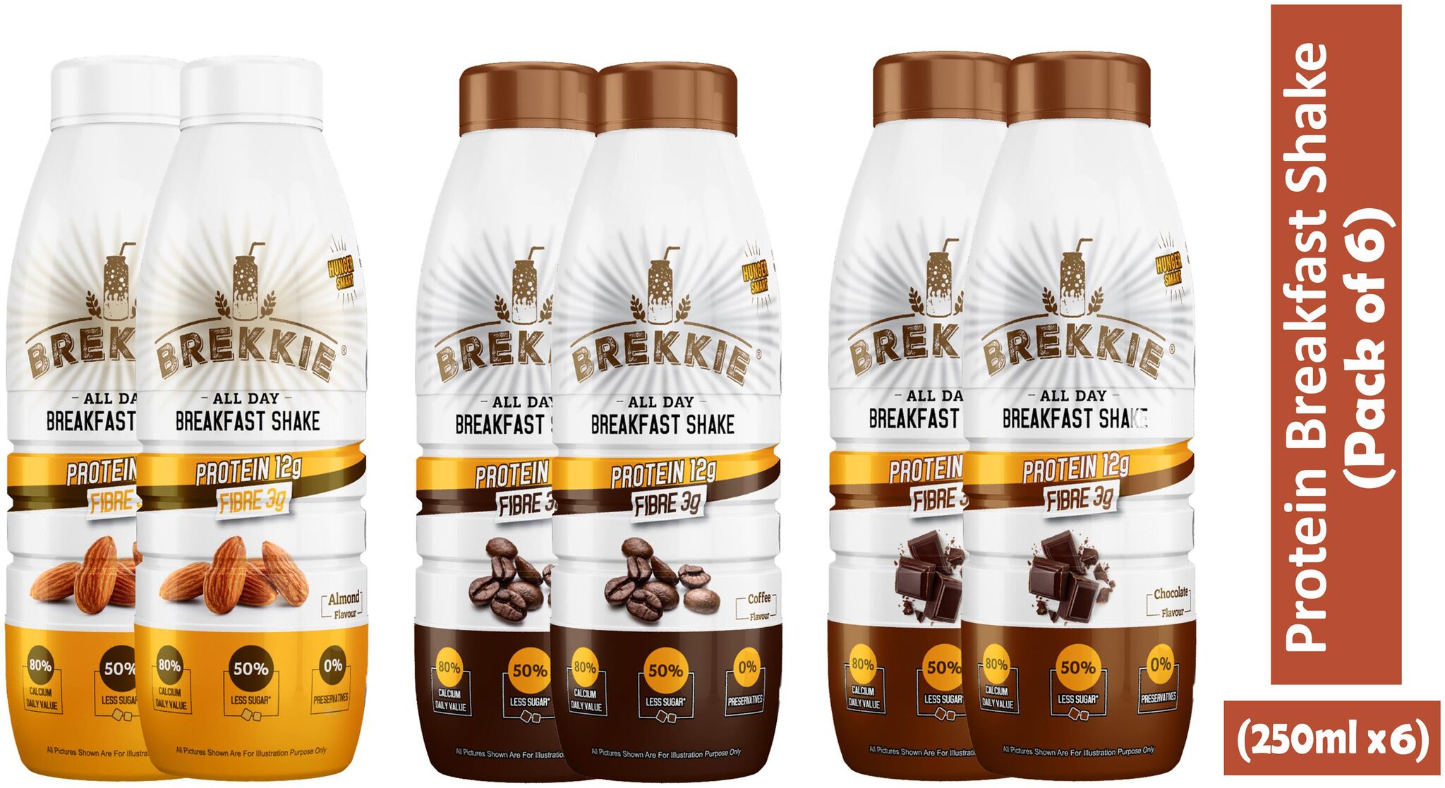 BREKKIE Protein Breakfast Shake Combo of Almond Chocolate Coffee Flavour 250ml (Pack of 6) 
BREKKIE Protein Breakfast Shake Combo of Almond Chocolate Coffee Flavour 250ml (Pack of 6)