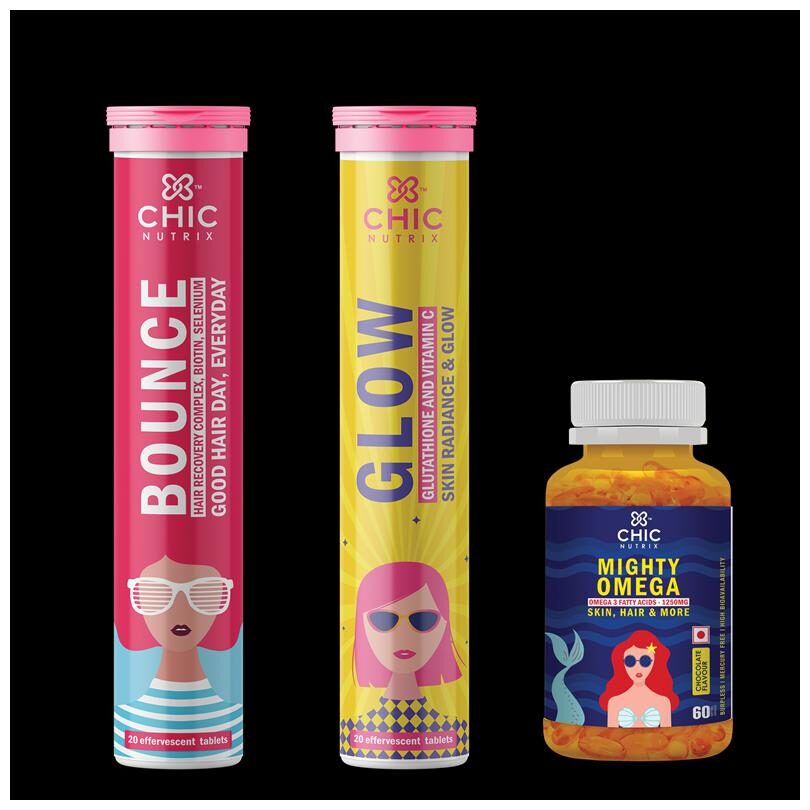 Complete Beauty Nutrition for Healthy Skin and Hair - Chicnutrix Glow 20 Tablets and Chicnutrix Bounce 20 Tablets or Chicnutrix Mighty Omega 60 softgels(Pack of 3)
Complete Beauty Nutrition for Healthy Skin and Hair - Chicnutrix Glow 20 Tablets and Chicnutrix Bounce 20 Tablets or Chicnutrix Mighty Omega 60 softgels(Pack of 3)