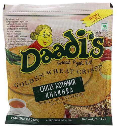 Daadis Golden Wheat Crisps - Chilly Kothmir Khakhra (Whole Wheat Flour Dry Chapathi) 180 g
Daadis Golden Wheat Crisps - Chilly Kothmir Khakhra (Whole Wheat Flour Dry Chapathi) 180 g