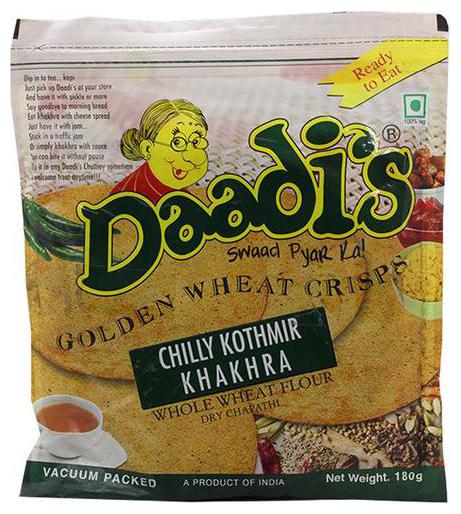 Daadis Golden Wheat Crisps - Chilly Kothmir Khakhra (Whole Wheat Flour Dry Chapathi) 180 g
Daadis Golden Wheat Crisps - Chilly Kothmir Khakhra (Whole Wheat Flour Dry Chapathi) 180 g