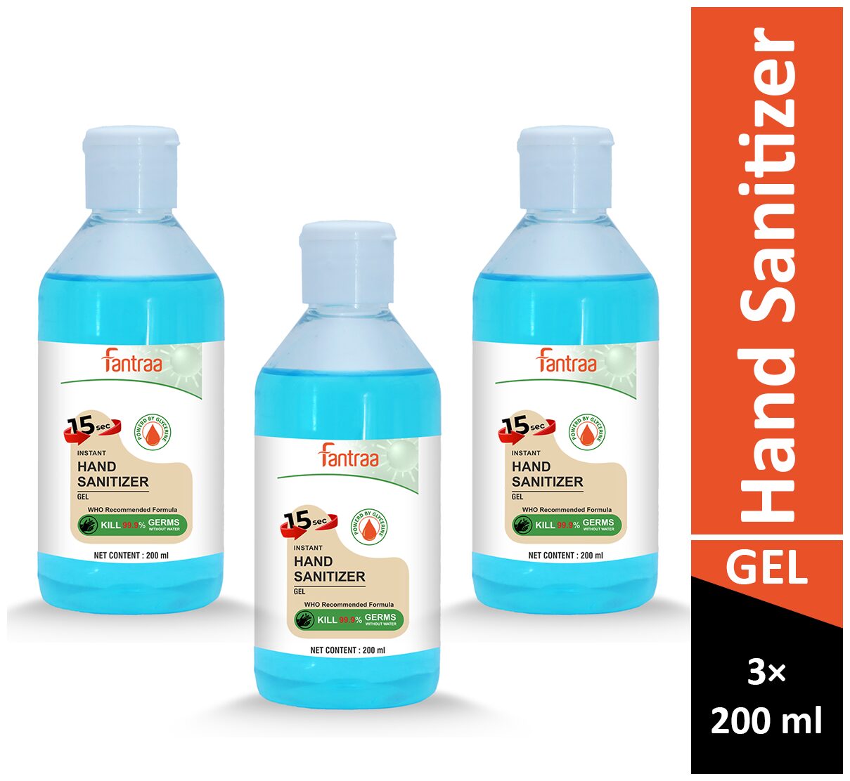 Fantraa Alcohol Gel Based Hands Sanitizer 200 ml (Pack of 3) 
Fantraa Alcohol Gel Based Hands Sanitizer 200 ml (Pack of 3)
