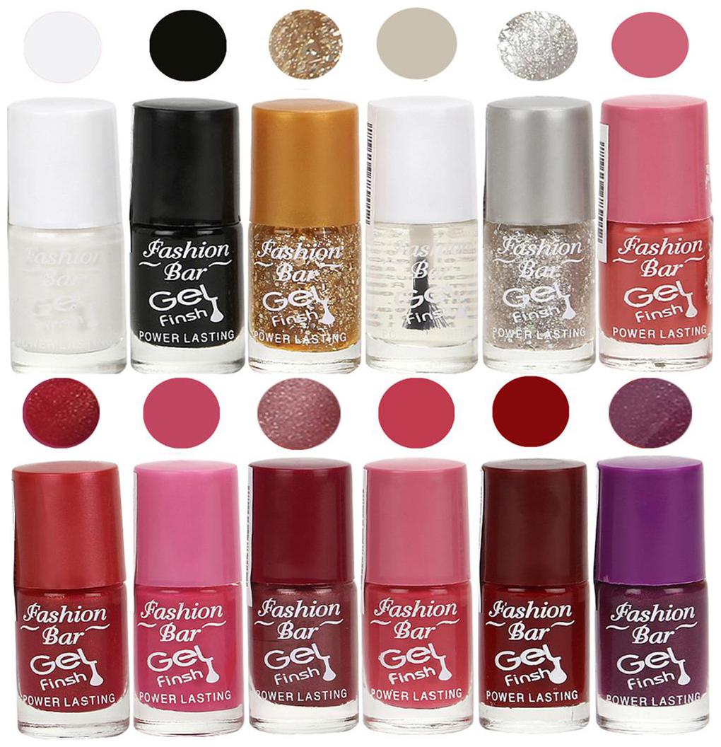 Fashion Bar Nail polish (White black Glitter Gold BaseCoat Glitter Silver Pink Gajri Light Pink Shimmer Light Purple Pink Brick Red Purple )
Fashion Bar Nail polish (White black Glitter Gold BaseCoat Glitter Silver Pink Gajri Light Pink Shimmer Light Purple Pink Brick Red Purple )