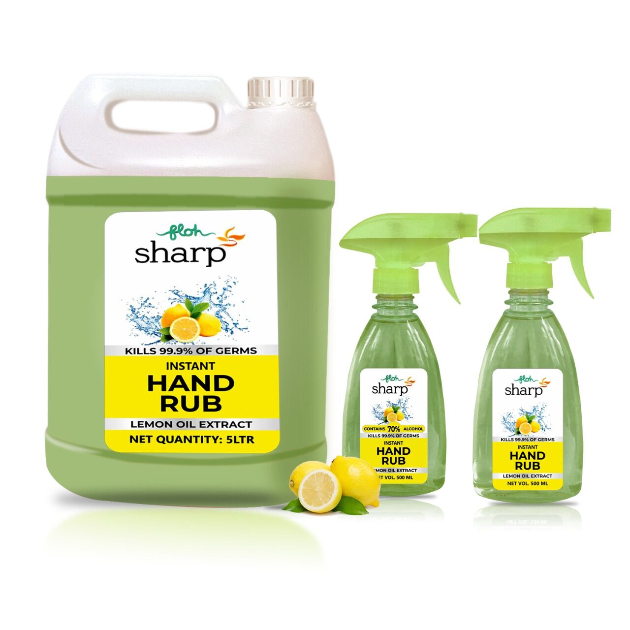 FLOH Sharp Instant Hand Rub Sanitizer With Lemon Flavor 70 Alcohol Based 5L And 500 ml x2 Rub Spray Bottle (Pack Of 3)
FLOH Sharp Instant Hand Rub Sanitizer With Lemon Flavor 70 Alcohol Based 5L And 500 ml x2 Rub Spray Bottle (Pack Of 3)