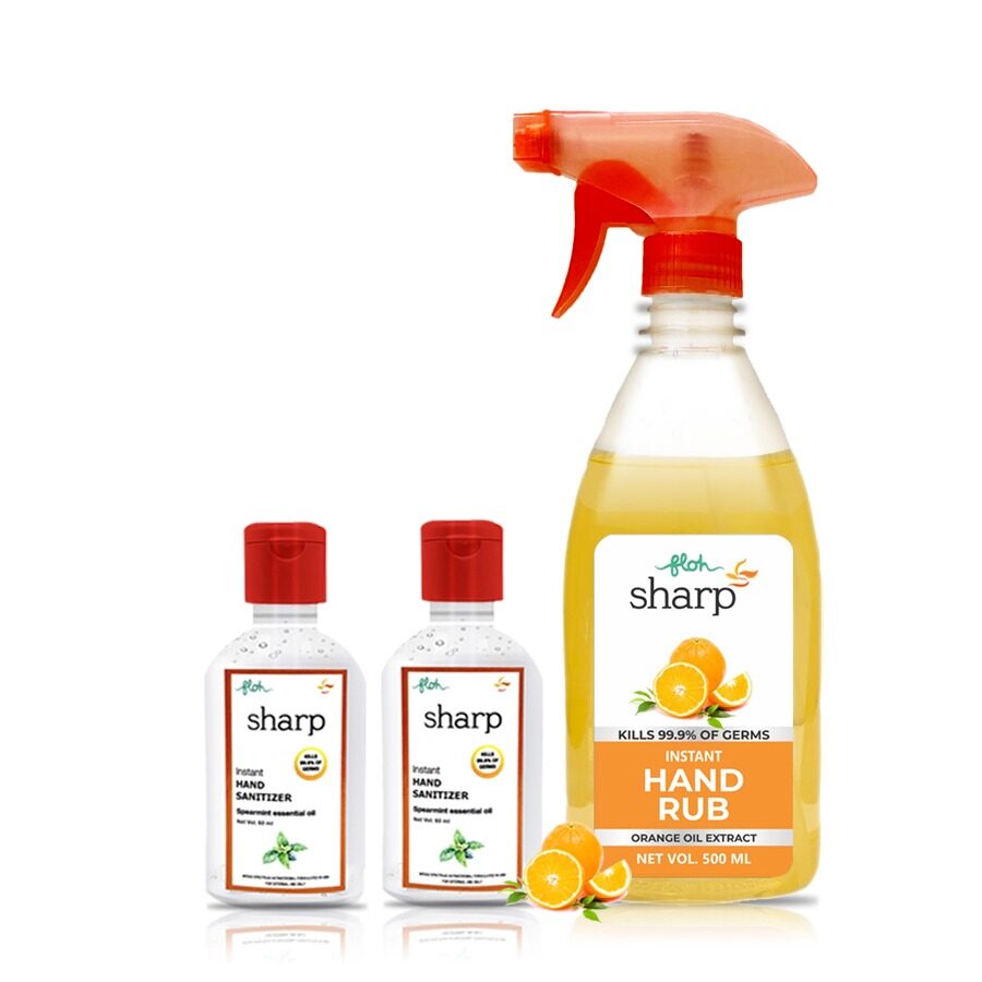 FLOH Sharp Instant Hand Rub Sanitizer With Orange Flavor 70 Alcohol Based (500 ml x 1 and 60 ml x 2) Pack of 3
FLOH Sharp Instant Hand Rub Sanitizer With Orange Flavor 70 Alcohol Based (500 ml x 1 and 60 ml x 2) Pack of 3