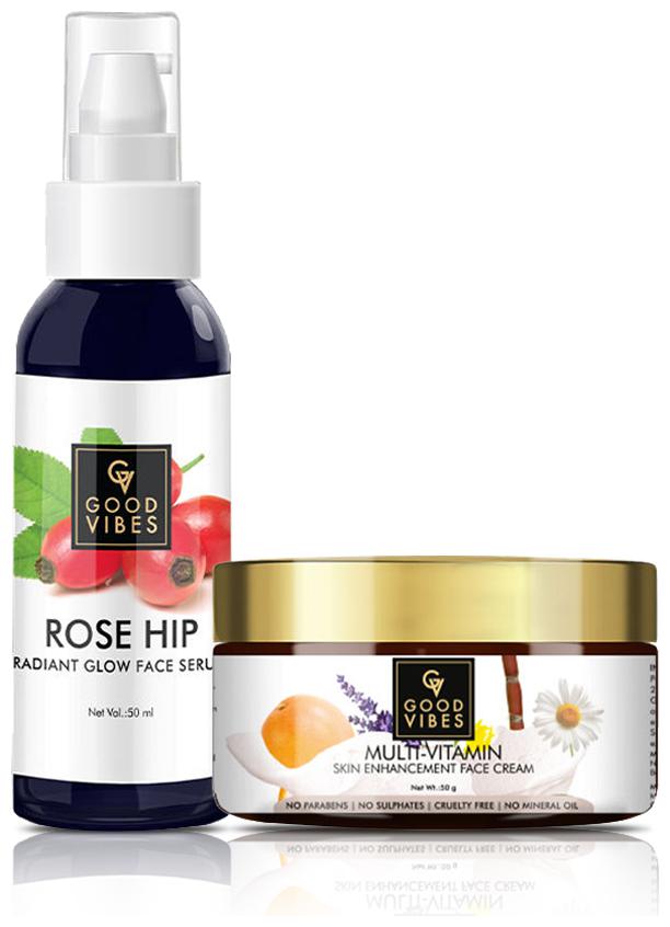 Good Vibes Rose Hip Radiant Glow Face Serum (50 ml) and Skin Enhancement Face Cream - Multi Vitamin (50 g)
Good Vibes Rose Hip Radiant Glow Face Serum (50 ml) and Skin Enhancement Face Cream - Multi Vitamin (50 g)
