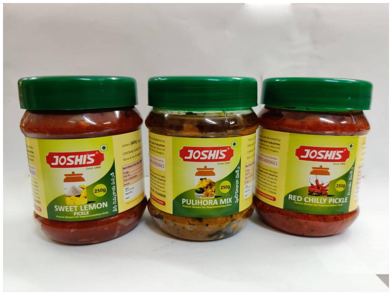 JOSHI S Assorted Pickles Pulihora Mix 250g Sweet Lemon Pickle 250g Red Chilli Pickle 250g (Pack of 3)
JOSHI S Assorted Pickles Pulihora Mix 250g Sweet Lemon Pickle 250g Red Chilli Pickle 250g (Pack of 3)