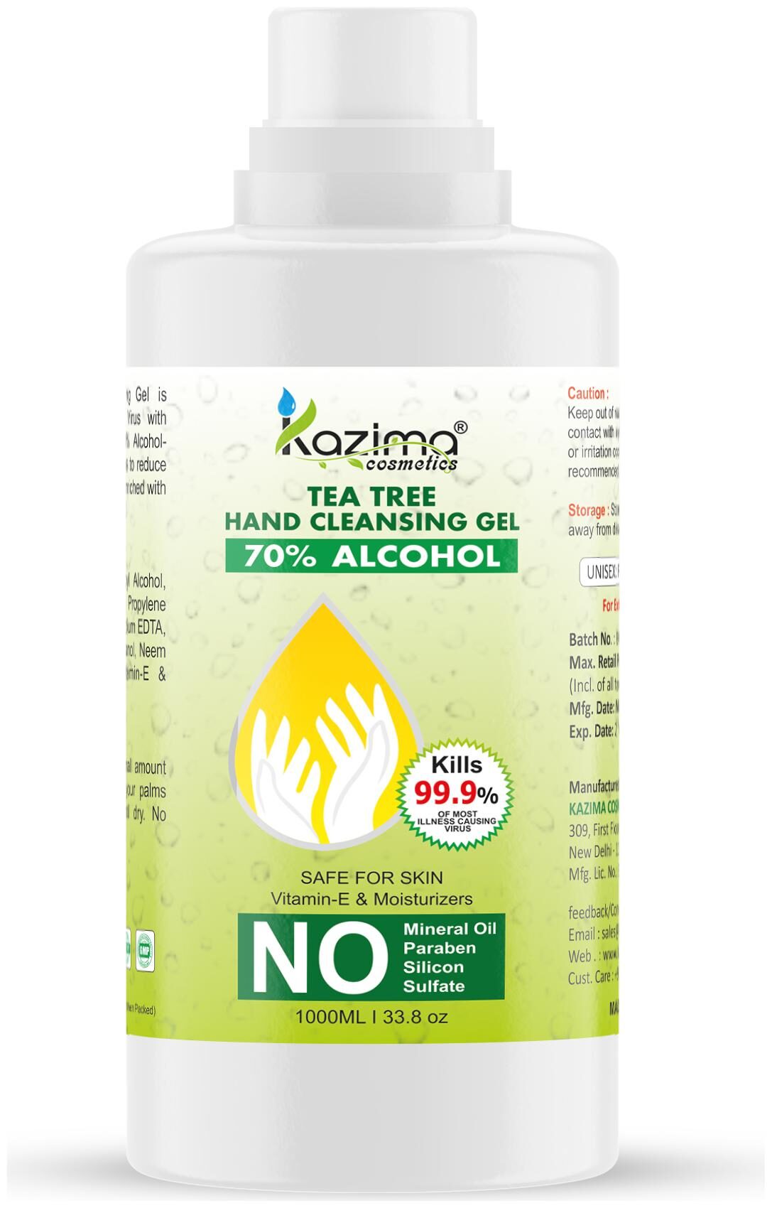 KAZIMA Hand Sanitizer (Tea Tree Hand Cleansing Gel) 70 Isopropyl Alcohol Based Instant Germ Protection 1 L (Pack of 1)
KAZIMA Hand Sanitizer (Tea Tree Hand Cleansing Gel) 70 Isopropyl Alcohol Based Instant Germ Protection 1 L (Pack of 1)