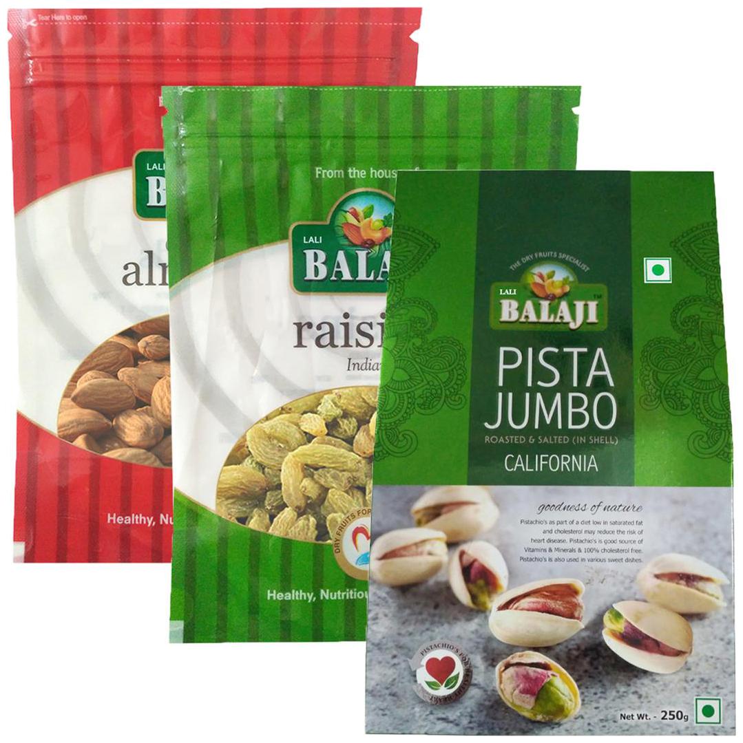 Lali Balaji Calfornia Almonds Regular 200g Green Indian Raisins Kishmish 200g California Pistachios Ls 250g(Pack Of 3)
Lali Balaji Calfornia Almonds Regular 200g Green Indian Raisins Kishmish 200g California Pistachios Ls 250g(Pack Of 3)