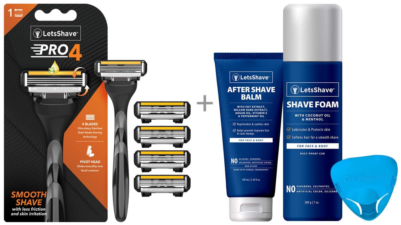 LetsShave Pro 4 Manual Shaving Razor for Men Value Kit (1 Razor Handle 4 Blades Cartridge with 1 Razor Cap After Shave Balm 1 Shaving Foam 200 grm)
LetsShave Pro 4 Manual Shaving Razor for Men Value Kit (1 Razor Handle 4 Blades Cartridge with 1 Razor Cap After Shave Balm 1 Shaving Foam 200 grm)