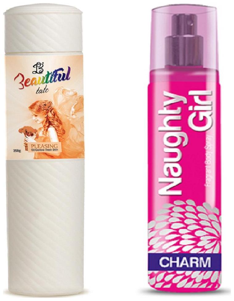 BEAUTIFUL PLEASING Perfumed Talc 250g Naughty Girl CHARM No Gas Perfume Spray 135 ml (Pack of 2 for Women)
BEAUTIFUL PLEASING Perfumed Talc 250g Naughty Girl CHARM No Gas Perfume Spray 135 ml (Pack of 2 for Women)