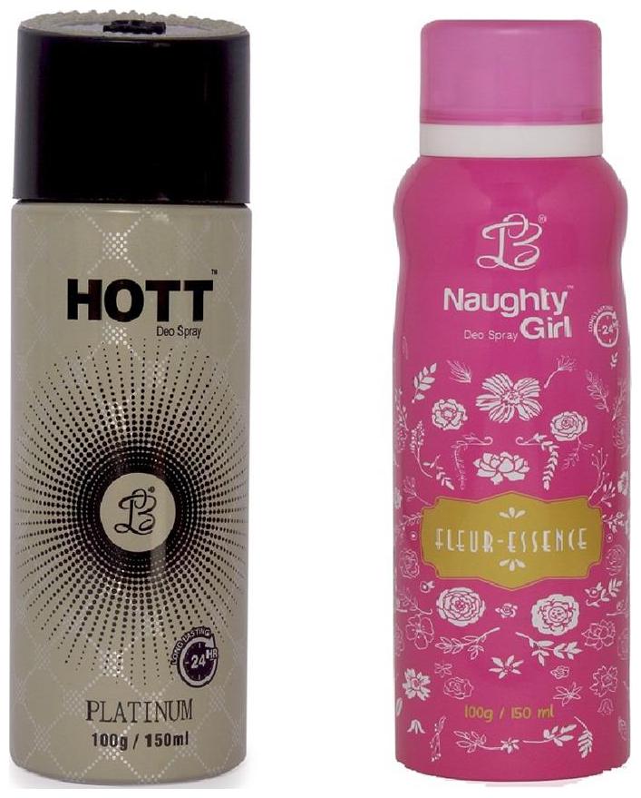 HOTT Mens PLATINUM Naughty Girl FLEUR ESSENCE (Pack of 2 Gas Deodorant for Couple) (150ml each)
HOTT Mens PLATINUM Naughty Girl FLEUR ESSENCE (Pack of 2 Gas Deodorant for Couple) (150ml each)