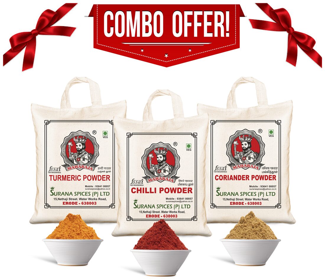 Maharaja Pure Turmeric-500g Chilli-500g Coriander-500g Powder Combo (Haldi Laal Mirchi Dhaniya) (Pack of 3)
Maharaja Pure Turmeric-500g Chilli-500g Coriander-500g Powder Combo (Haldi Laal Mirchi Dhaniya) (Pack of 3)
