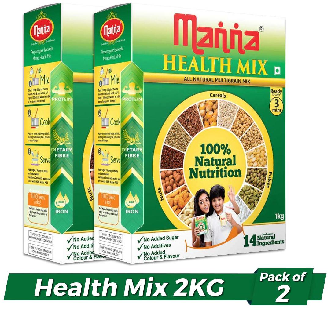 Manna Health Mix - Multigrains Health Nutrition Drink 2kg (No Added Sugars No Additives No Artificial Colours Flavours) Pack of 2 - 1Kg Each
Manna Health Mix - Multigrains Health Nutrition Drink 2kg (No Added Sugars No Additives No Artificial Colours Flavours) Pack of 2 - 1Kg Each