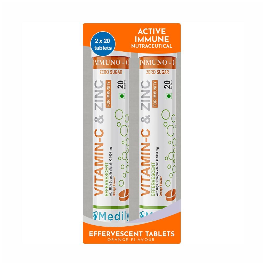 Medily s 1000mg Vitamin-C Effervescent Tablets (Zesty Orange Flavour) for Active IMMUNITY Quintessential Antioxidant and Zero Sugar 20 tablets ( Pack of 2 ) 1
Medily s 1000mg Vitamin-C Effervescent Tablets (Zesty Orange Flavour) for Active IMMUNITY Quintessential Antioxidant and Zero Sugar 20 tablets ( Pack of 2 ) 1