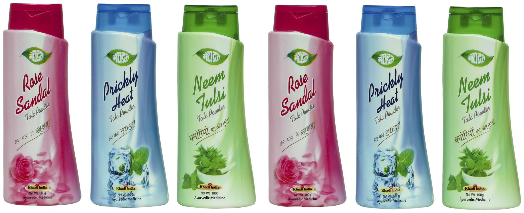 Meghdoot Neem Tulsi 100gx2 Prickly Heat 100gx2 And Rose Sandal Talc Powder 100gx2 (Pack of 6)
Meghdoot Neem Tulsi 100gx2 Prickly Heat 100gx2 And Rose Sandal Talc Powder 100gx2 (Pack of 6)