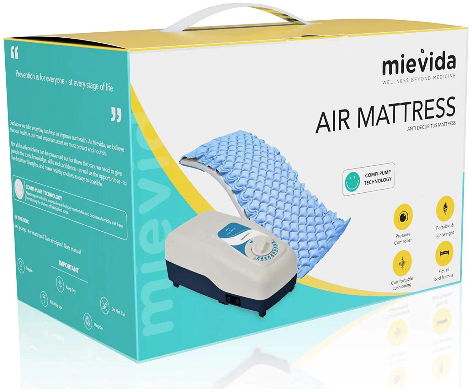 Mievida Anti Decubitus Air Bed with Eye Mask Ear Plug Air Pump with Comfi Pump Technology for Prevention of Bed Sores - Blue
Mievida Anti Decubitus Air Bed with Eye Mask Ear Plug Air Pump with Comfi Pump Technology for Prevention of Bed Sores - Blue