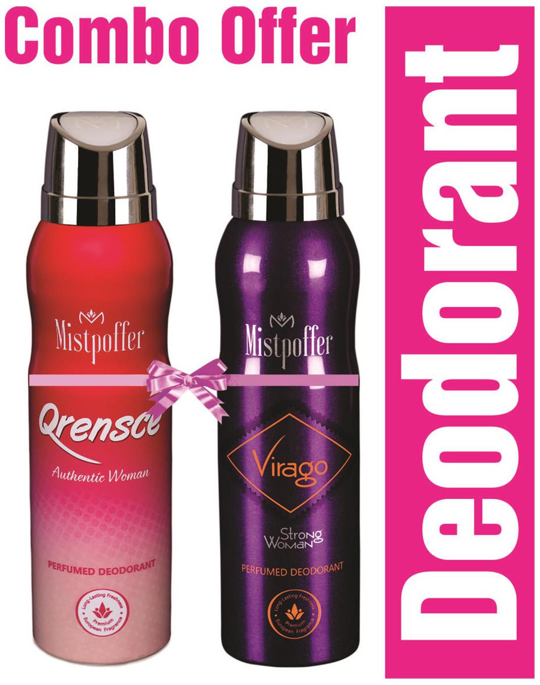 Mistpoffer Qrensce Perfumed Deodorant Mistpoffer Virago Perfumed Deodorant Body Spray Combo Offer for Women 150 ml Each Pack of 2
Mistpoffer Qrensce Perfumed Deodorant Mistpoffer Virago Perfumed Deodorant Body Spray Combo Offer for Women 150 ml Each Pack of 2