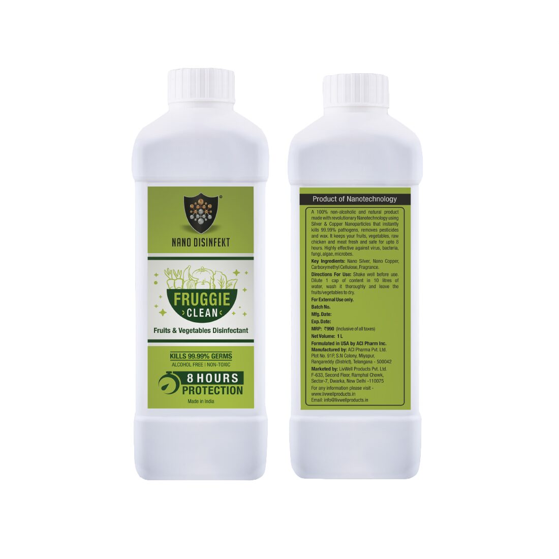 Nano Disinfekt Fruggie Clean Fruits Vegetables Disinfectant Kills 99 99 Germs for 8Hours Product of Nanotechnology 1 Litre Non-Alcoholic Non-Toxic emerging from Silver Copper Nanoparticles
Nano Disinfekt Fruggie Clean Fruits Vegetables Disinfectant Kills 99 99 Germs for 8Hours Product of Nanotechnology 1 Litre Non-Alcoholic Non-Toxic emerging from Silver Copper Nanoparticles